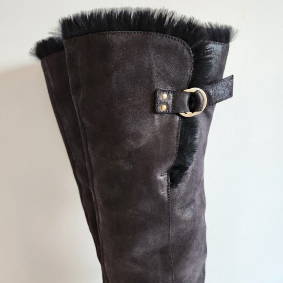 Jimmy Choo "Yam" Metallic-Suede Fur-Lined Over-The-Knee Boots, Black Metallic - Picture 3 of 6
